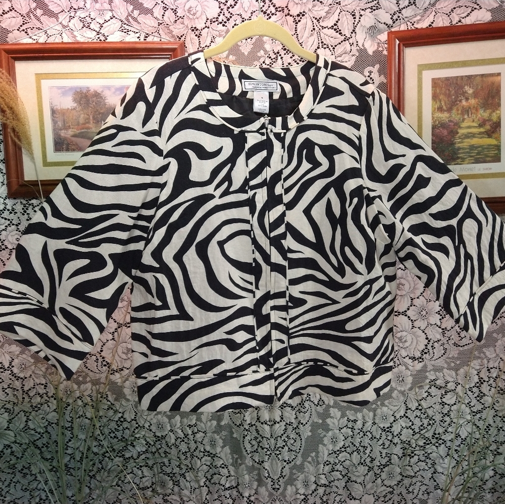 George Simonton black white zebra striped zipper jacket fully lined loose sleeve